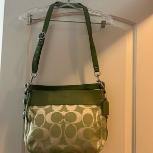 Coach Green Signature Canvas Shoulder Bag with Leather Trim